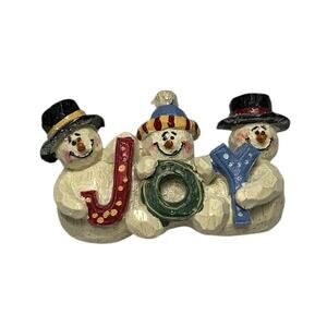 Three Snowmen with Hats Holding JOY Letters Resin Pin or Brooch EUC